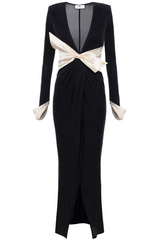 Contrast Color Bow Long Sleeve Maxi Dress