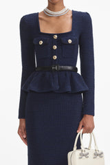 Knit Metal Button Square Collar Top & Mid Waist Midi Skirt Set