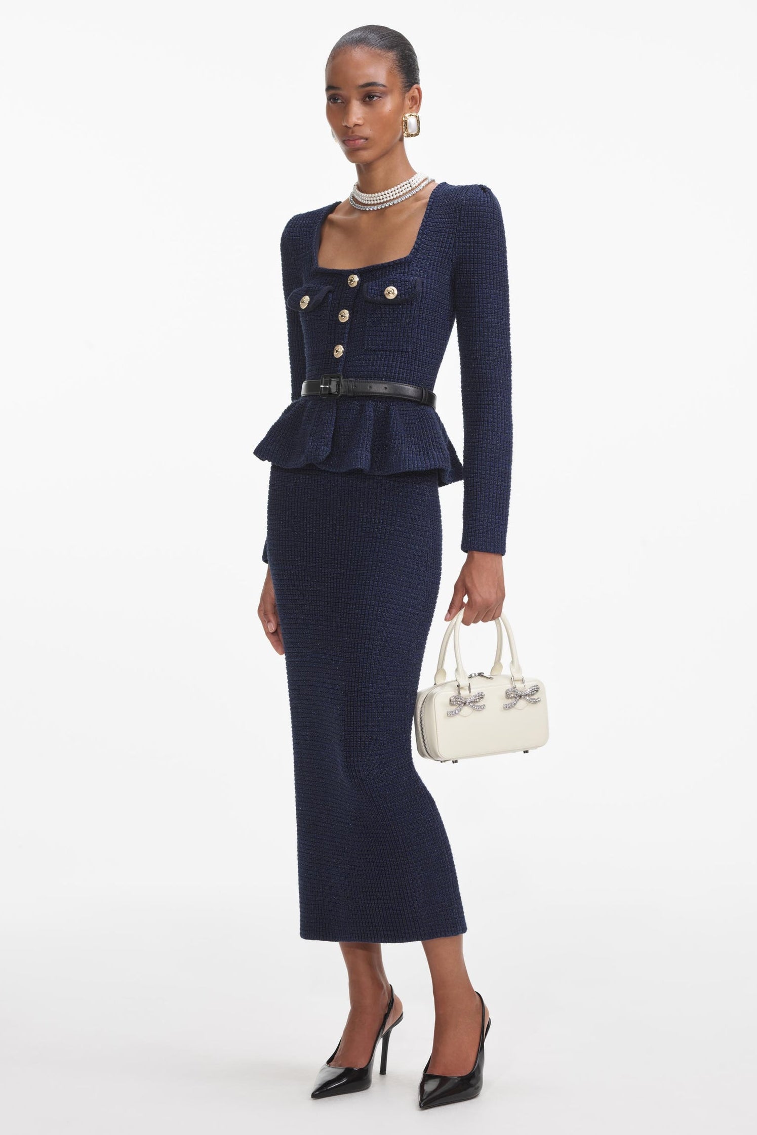Knit Metal Button Square Collar Top & Mid Waist Midi Skirt Set