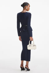 Knit Metal Button Square Collar Top & Mid Waist Midi Skirt Set