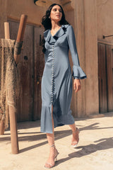 Solid Ruffle Faux Pearl Midi Dress