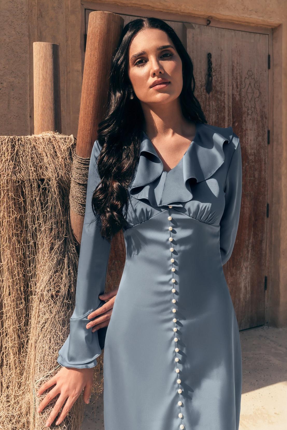 Solid Ruffle Faux Pearl Midi Dress