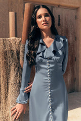 Solid Ruffle Faux Pearl Midi Dress