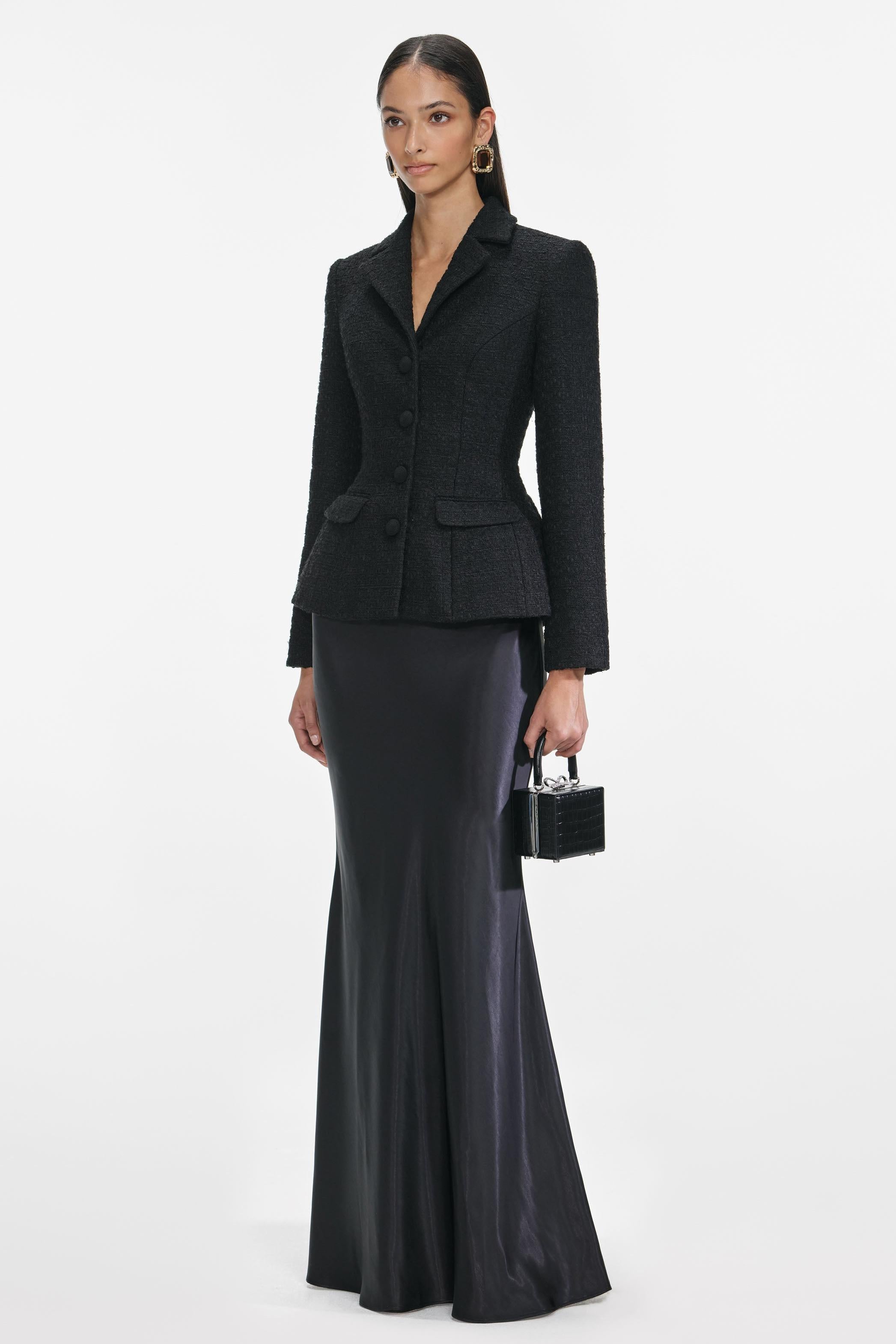 Tweed Single Breasted Tailored Collar Blazer & Satin Maxi Skirt Set