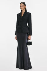 Tweed Single Breasted Tailored Collar Blazer & Satin Maxi Skirt Set