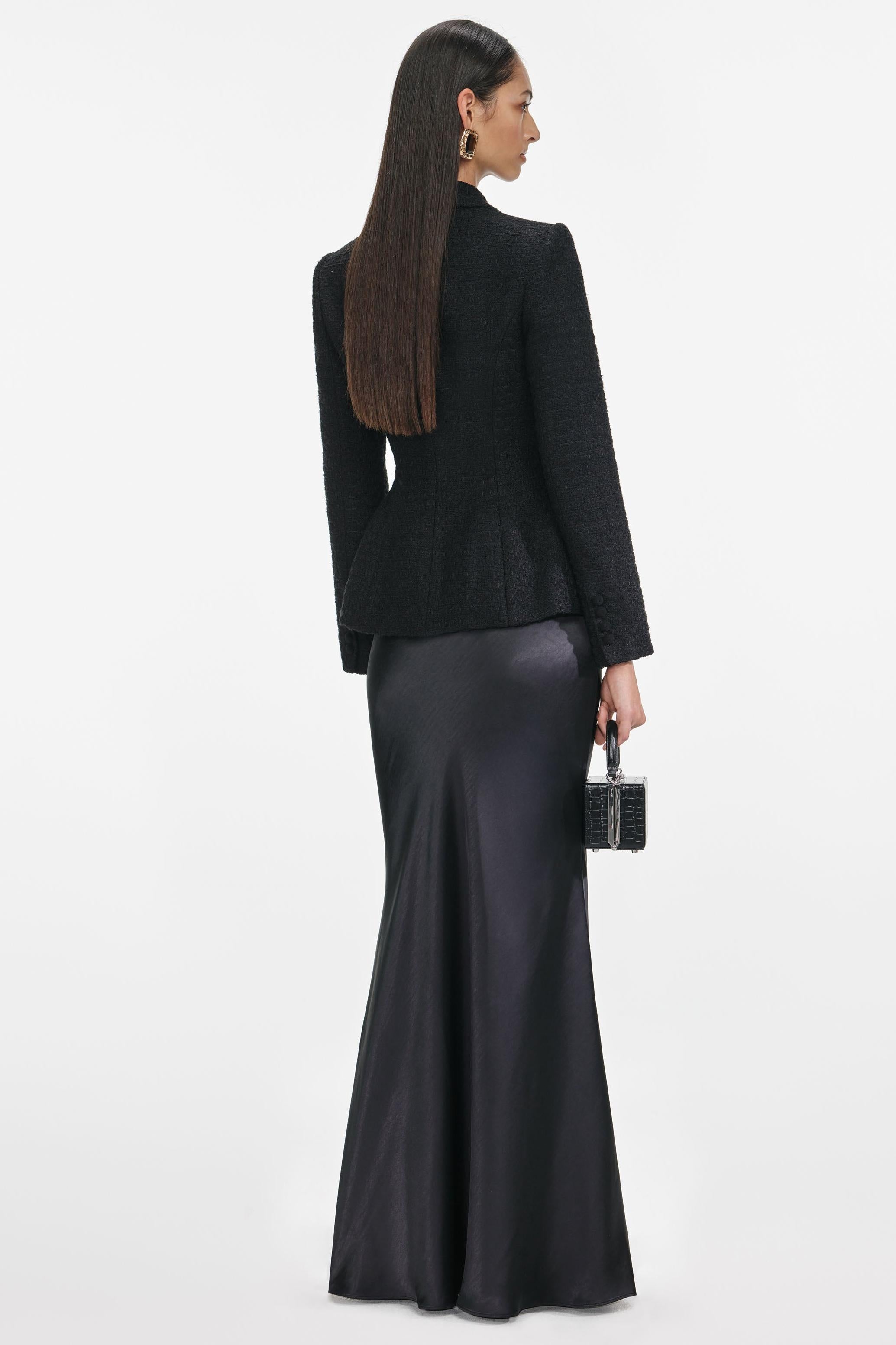 Tweed Single Breasted Tailored Collar Blazer & Satin Maxi Skirt Set