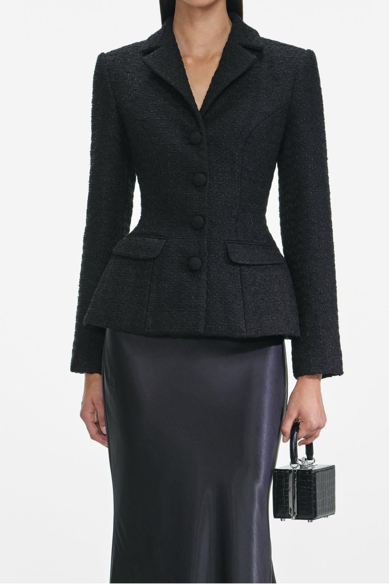 Tweed Single Breasted Tailored Collar Blazer & Satin Maxi Skirt Set