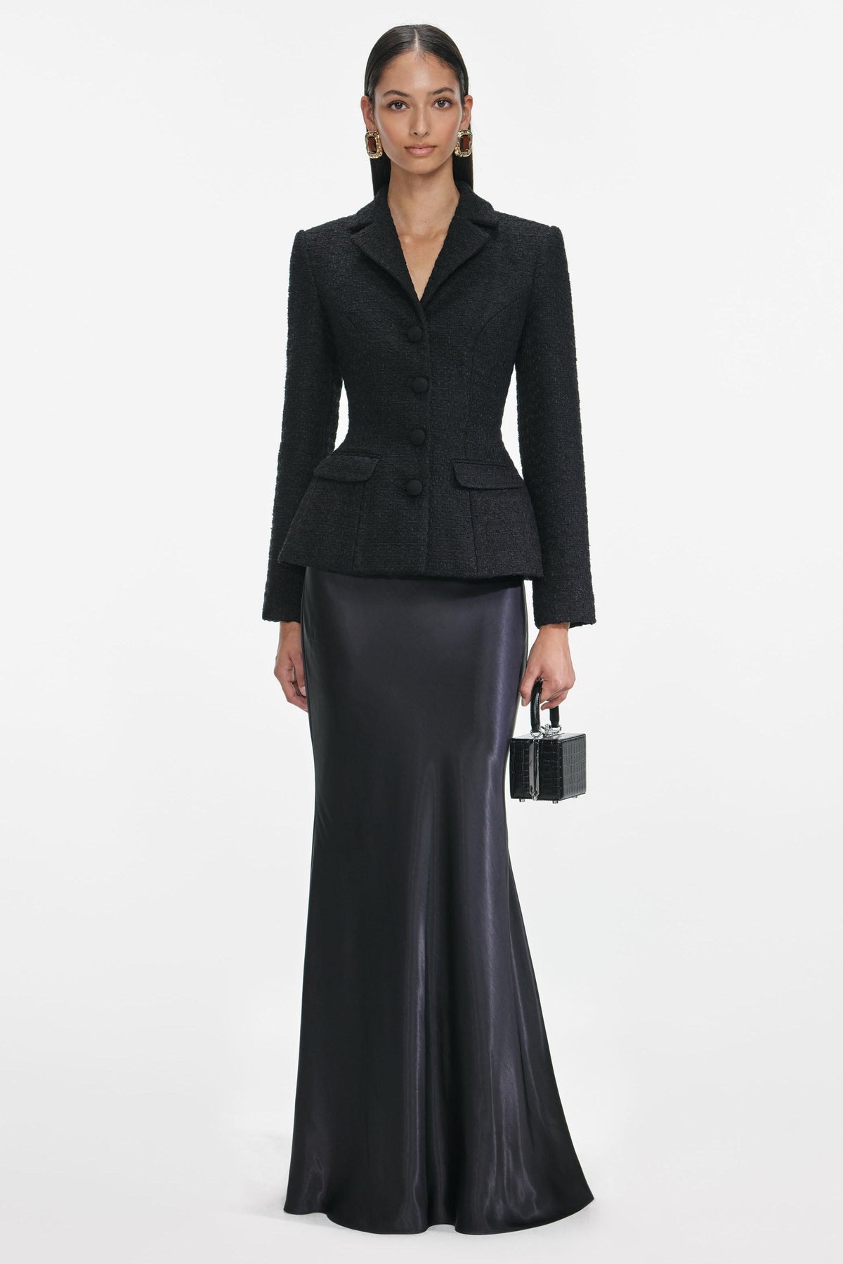 Tweed Single Breasted Tailored Collar Blazer & Satin Maxi Skirt Set