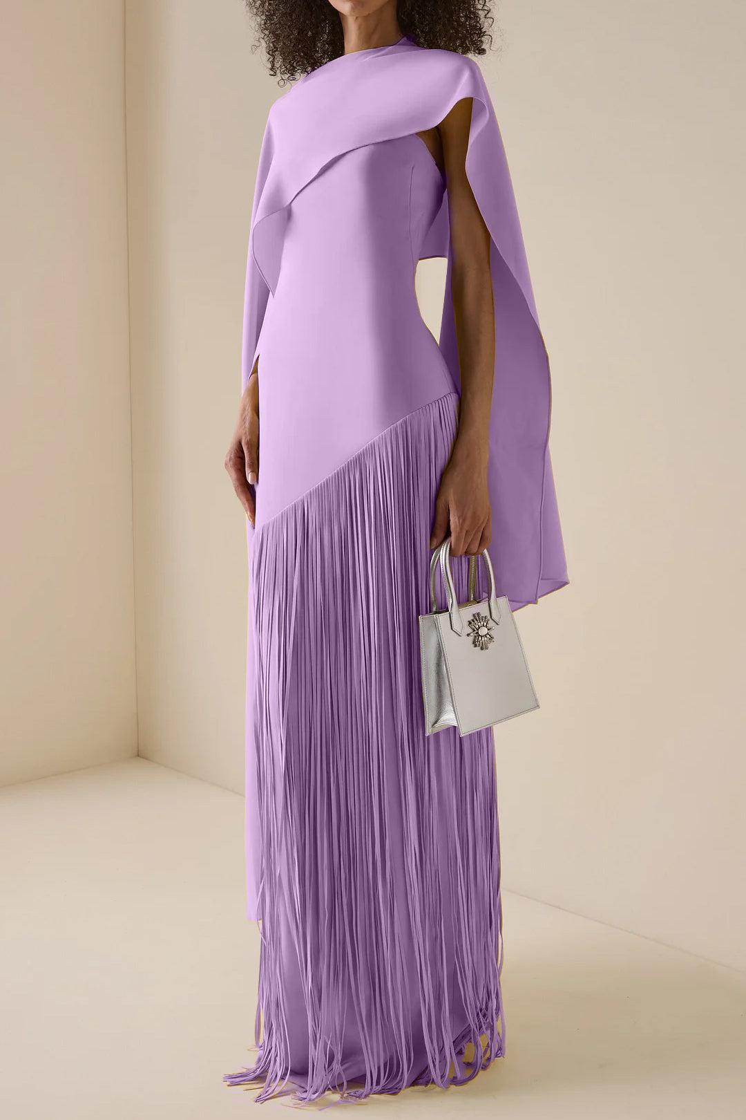 Solid Satin Tassel Maxi Dress With Cape