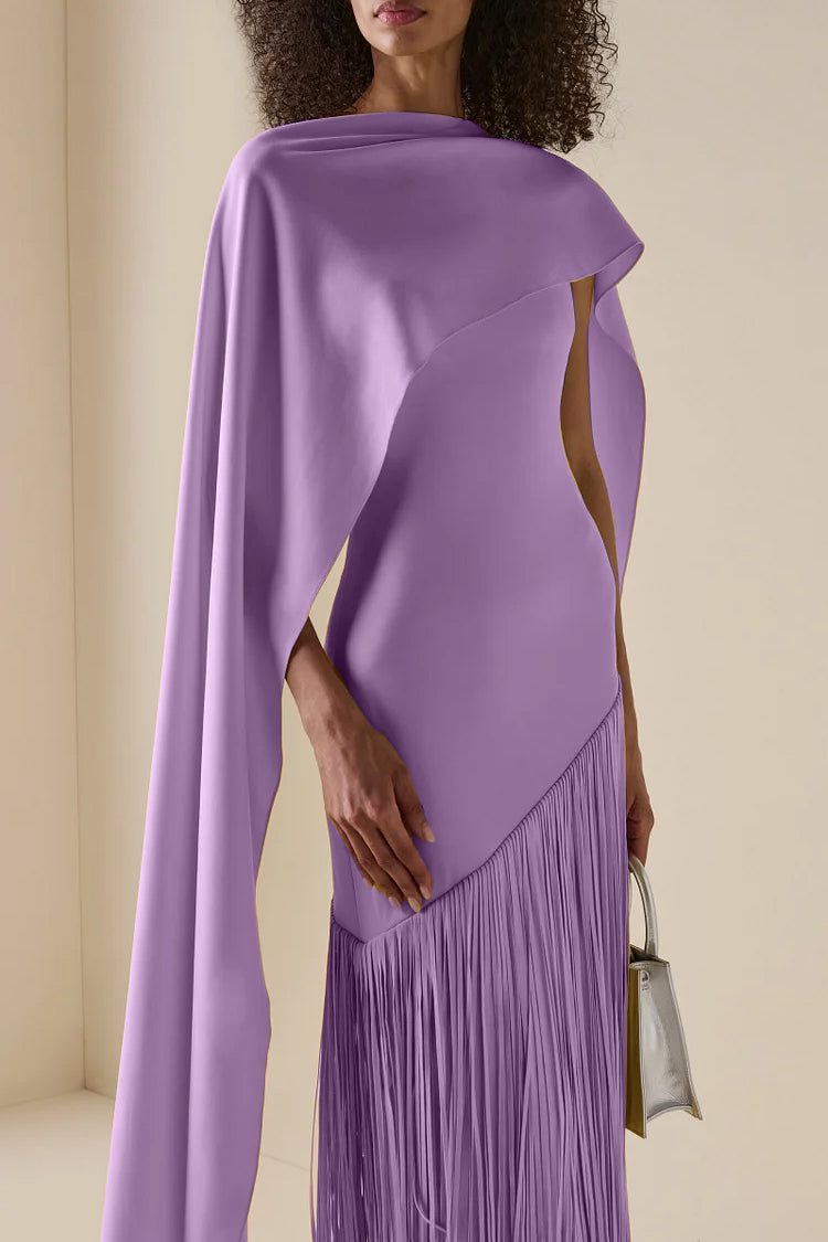 Solid Satin Tassel Maxi Dress With Cape