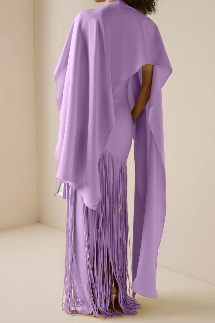 Solid Satin Tassel Maxi Dress With Cape