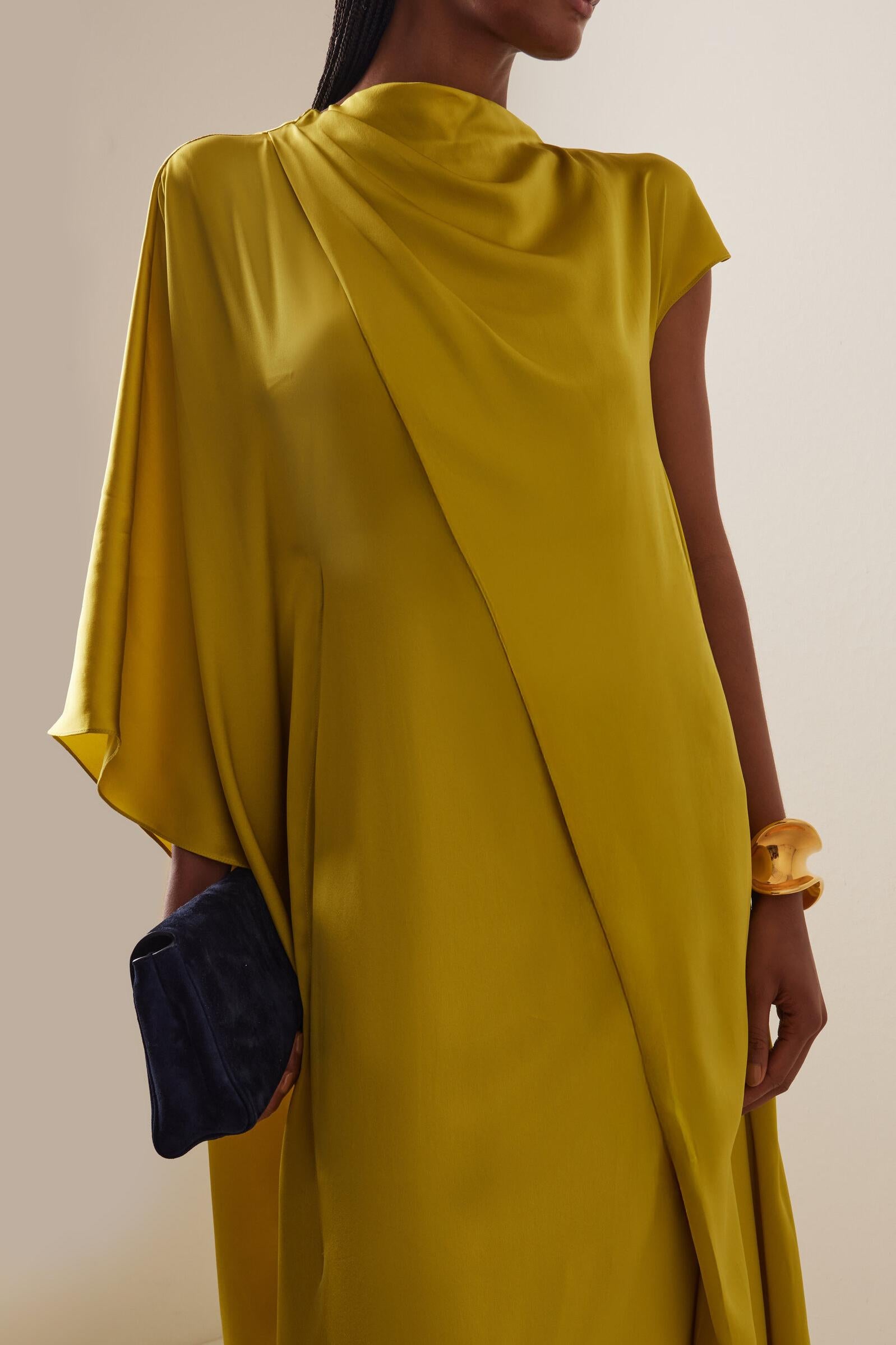 Satin Asymmetrical Sleeve Midi Dress