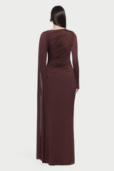 Solid Gathering Metal Button Cape Sleeve Maxi Dress