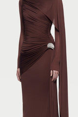 Solid Gathering Metal Button Cape Sleeve Maxi Dress