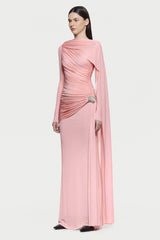 Solid Gathering Metal Button Cape Sleeve Maxi Dress