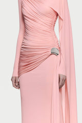 Solid Gathering Metal Button Cape Sleeve Maxi Dress