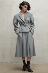 Woolen Flapped  Blazer & High Waist Midi Skirt Set
