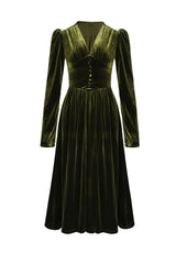 Velvet Button Long Sleeve Midi Dress