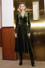 Velvet Button Long Sleeve Midi Dress