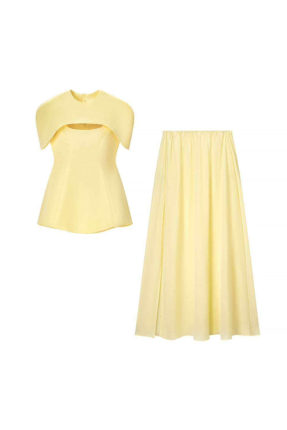Satin Slip Top With Cape & High Waist Midi Skirt Set