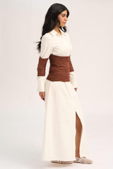 Contrast Color Shirt Collar Gathering Maxi Dress