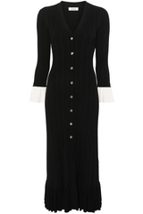 Knit Metal Button Contrast Color Midi Dress
