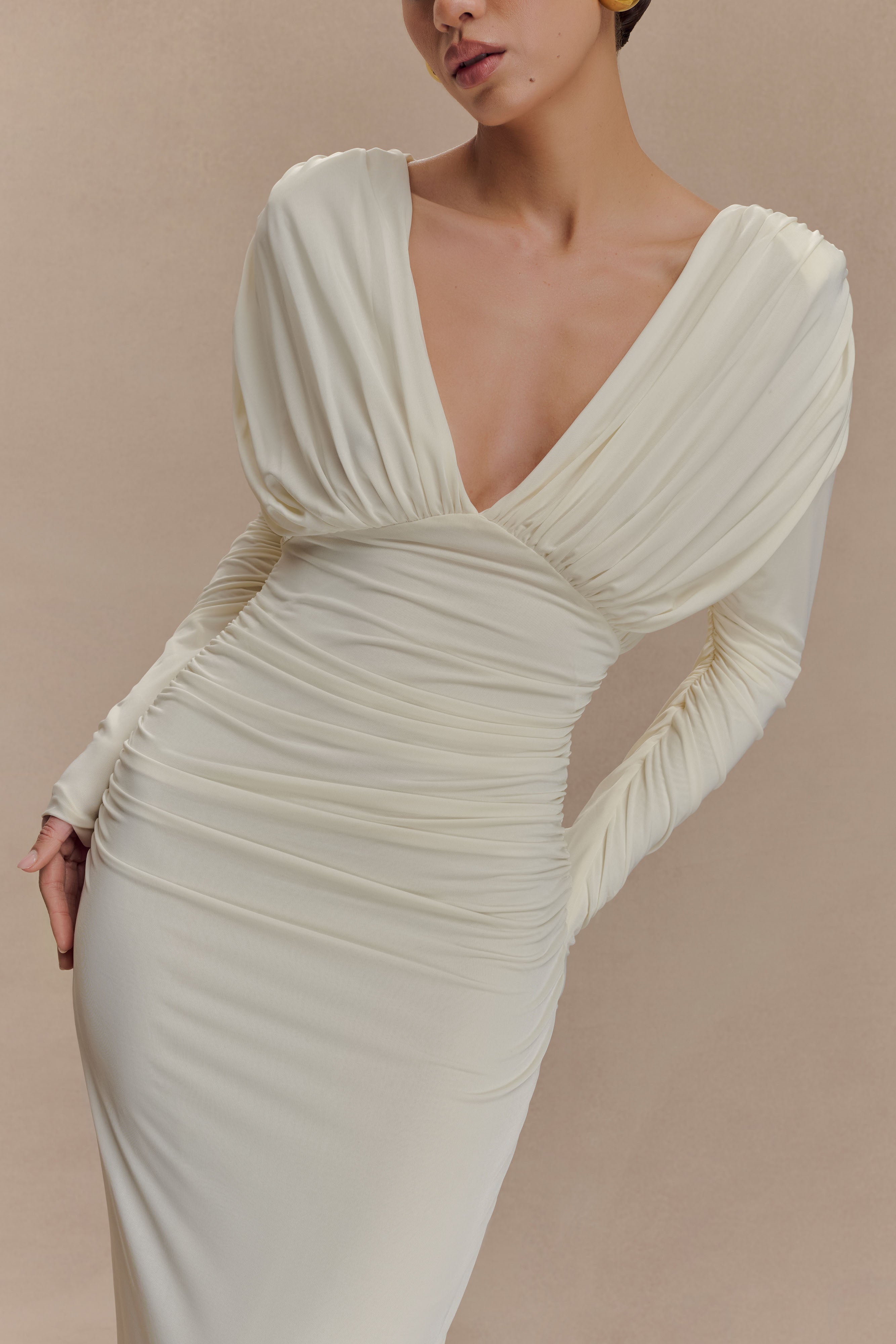 Jersey Gathering Plunge Maxi Dress