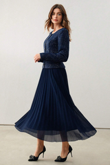 Sequin Pleated Midi Dress With Belt