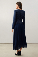 Sequin Pleated Midi Dress With Belt