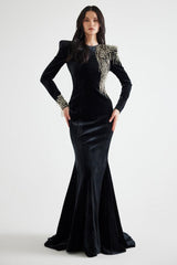 Nail Bead Embroidery Velvet Maxi Dress