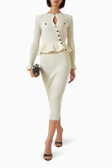 Knit Ruffle Button Top & High Waist Midi Skirt Set