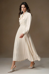 Satin Pleated Lace-Up Midi Dress