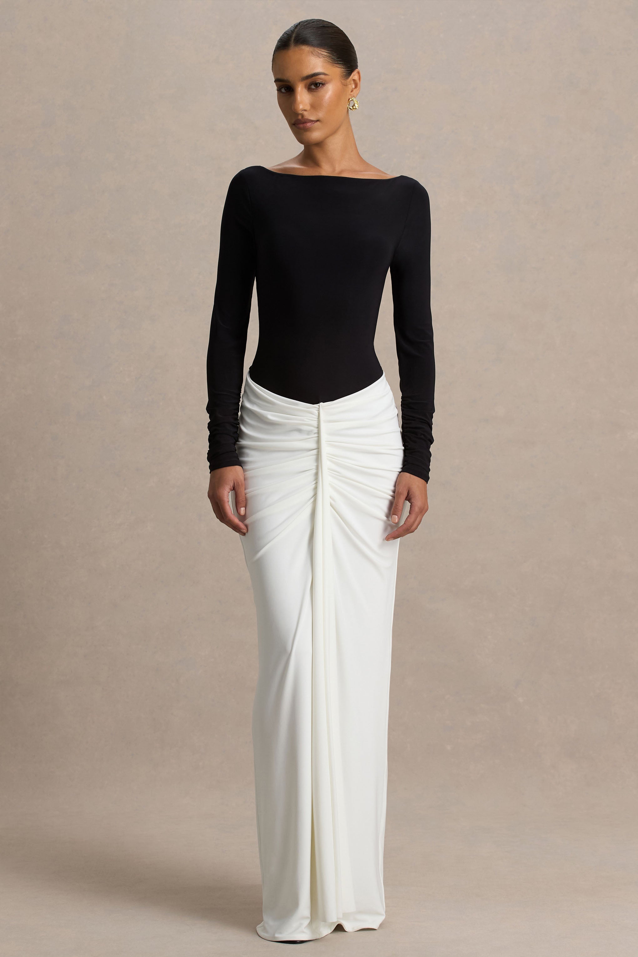 Contrast Color Ruched Long Sleeve Maxi Dress