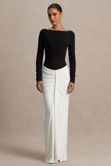 Contrast Color Ruched Long Sleeve Maxi Dress