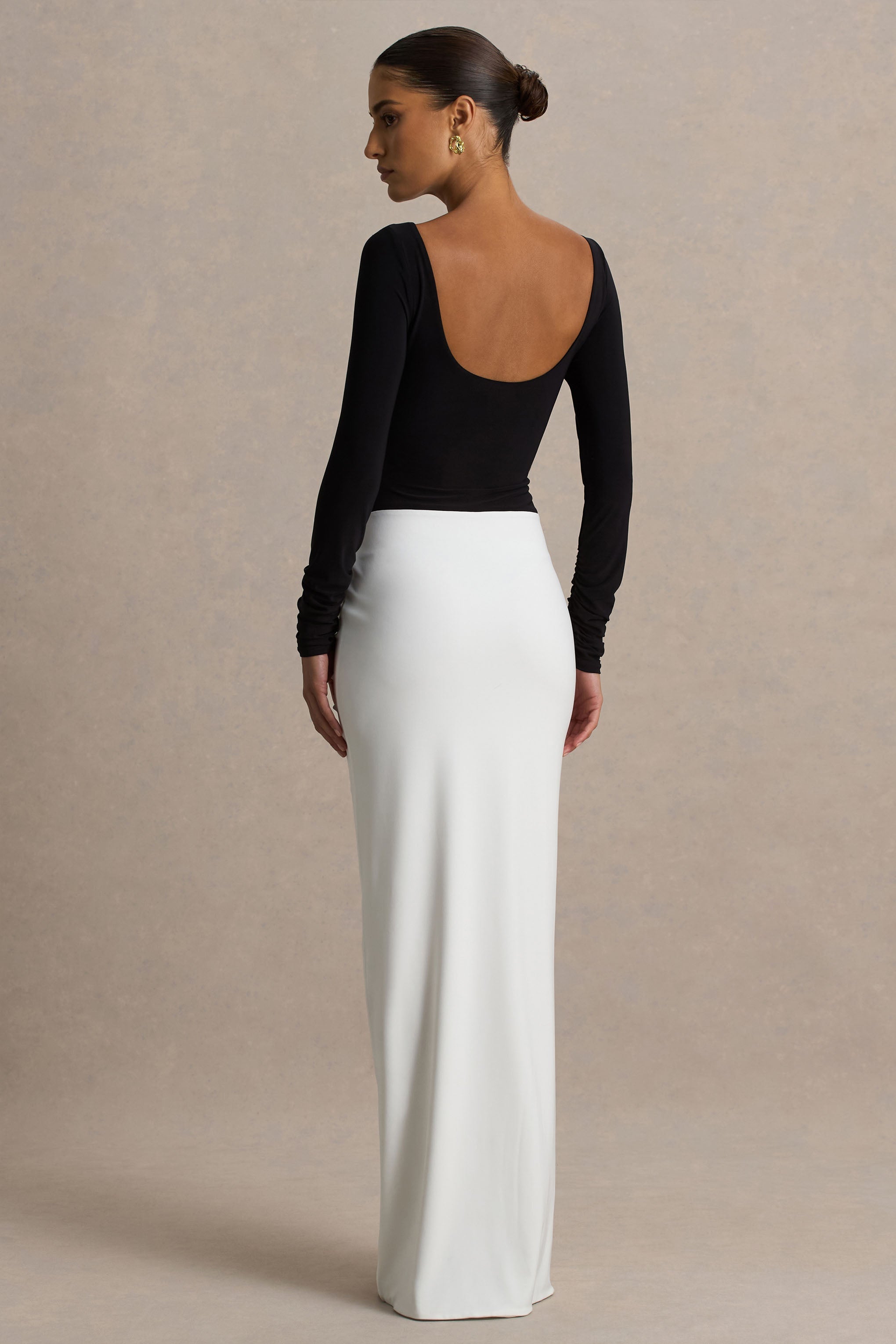 Contrast Color Ruched Long Sleeve Maxi Dress