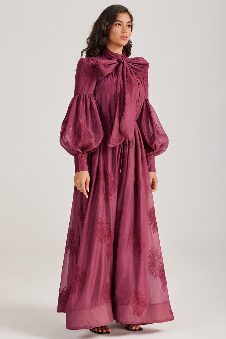 Embroidered Lace-Up Lantern Sleeve Maxi Dress