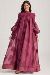 Embroidered Lace-Up Lantern Sleeve Maxi Dress