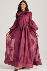 Embroidered Lace-Up Lantern Sleeve Maxi Dress
