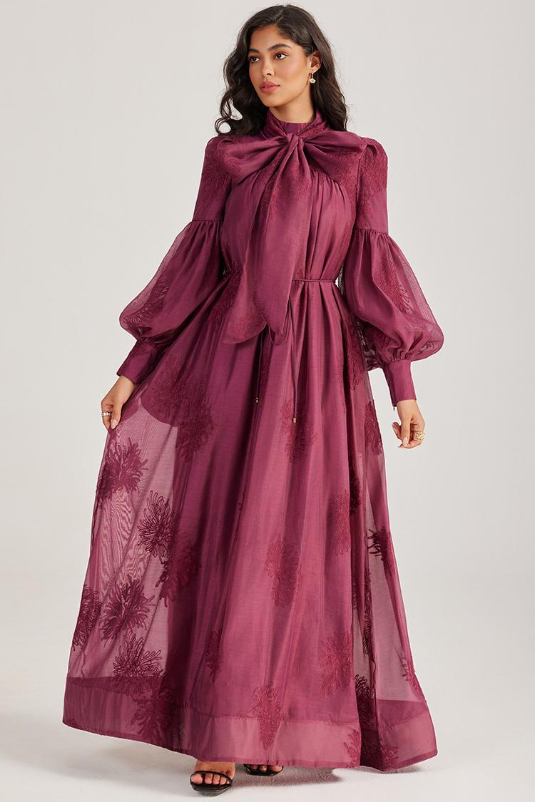 Embroidered Lace-Up Lantern Sleeve Maxi Dress