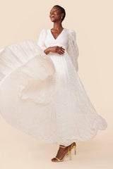 Jacquard Pleated Lantern Sleeve Maxi Dress
