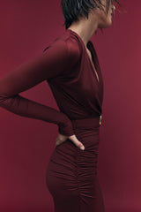 Jersey V-Neck Gathering Maxi Dress