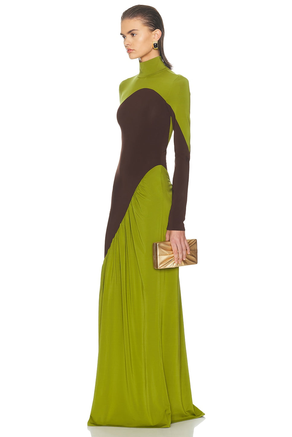Contrast Color Long Sleeve High Neck Maxi Dress