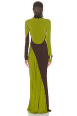 Contrast Color Long Sleeve High Neck Maxi Dress
