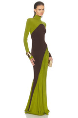 Contrast Color Long Sleeve High Neck Maxi Dress