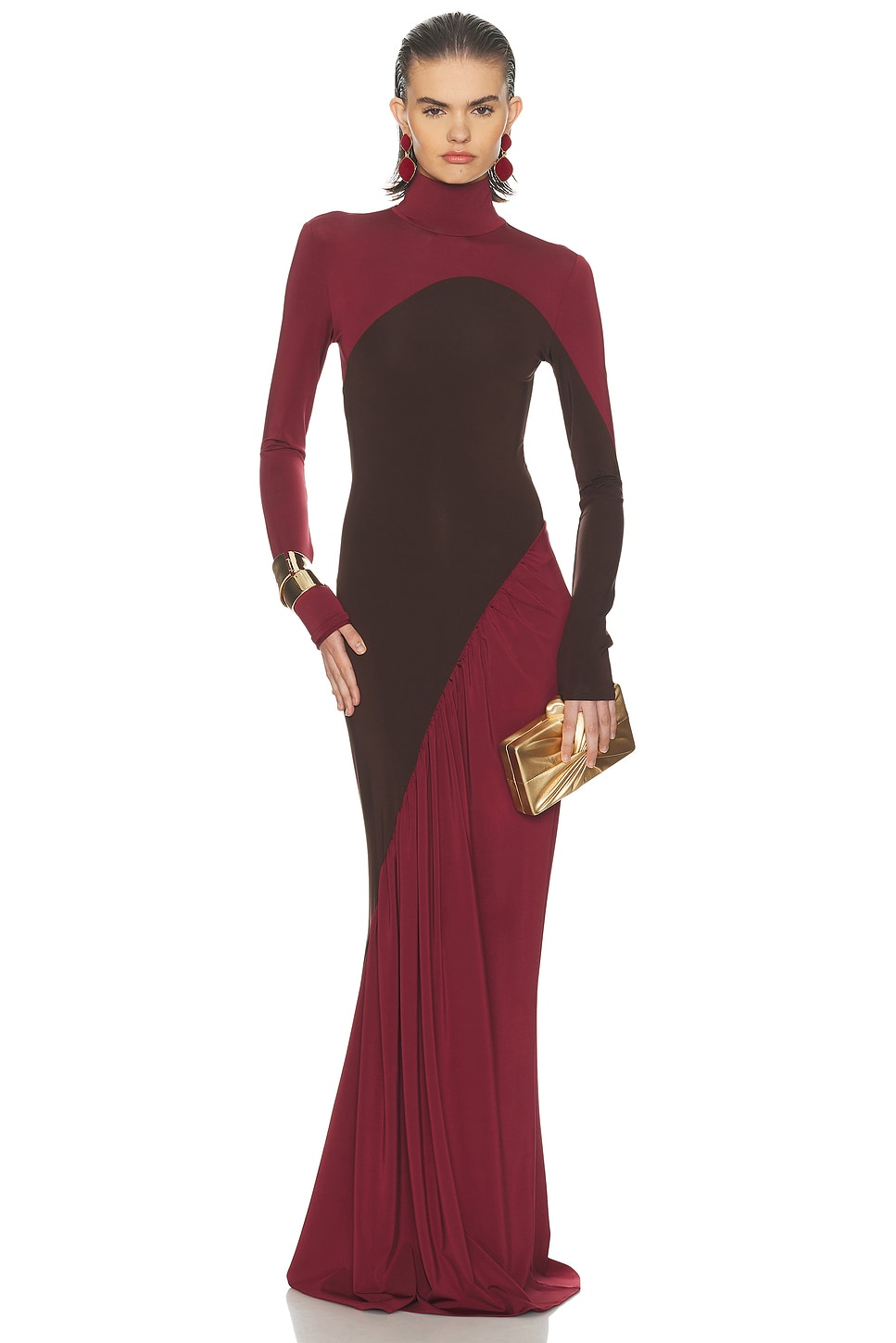 Contrast Color Long Sleeve High Neck Maxi Dress