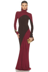 Contrast Color Long Sleeve High Neck Maxi Dress