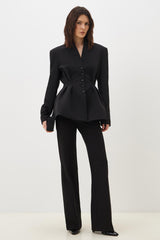 Ruched Button Blazer & Mid Waist Pants Set