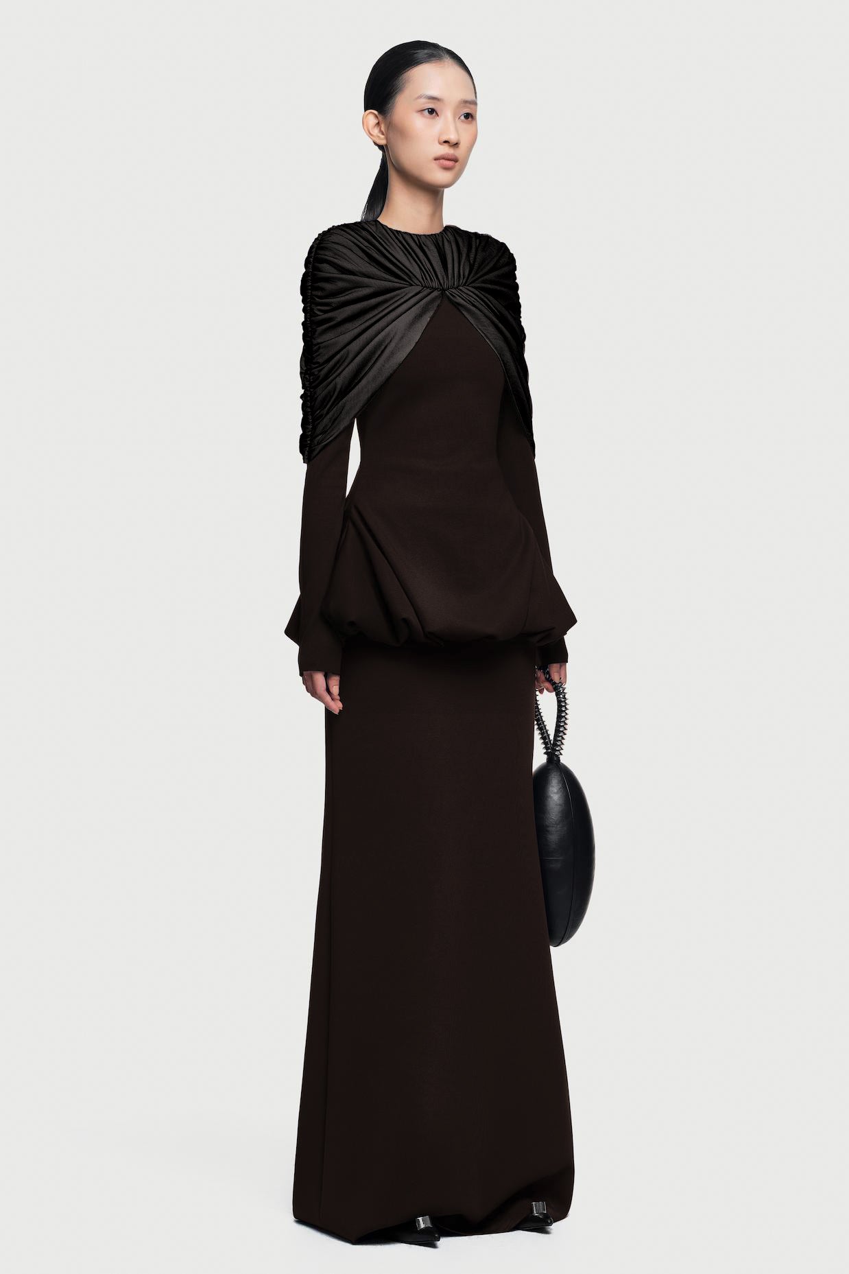 Gathering Long Sleeve Top & High Waist Maxi Skirt Set