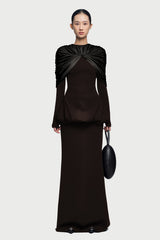 Gathering Long Sleeve Top & High Waist Maxi Skirt Set