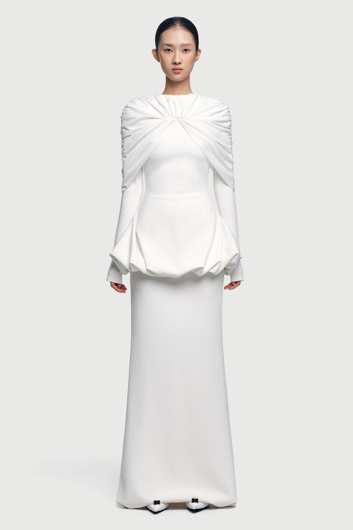 Gathering Long Sleeve Top & High Waist Maxi Skirt Set